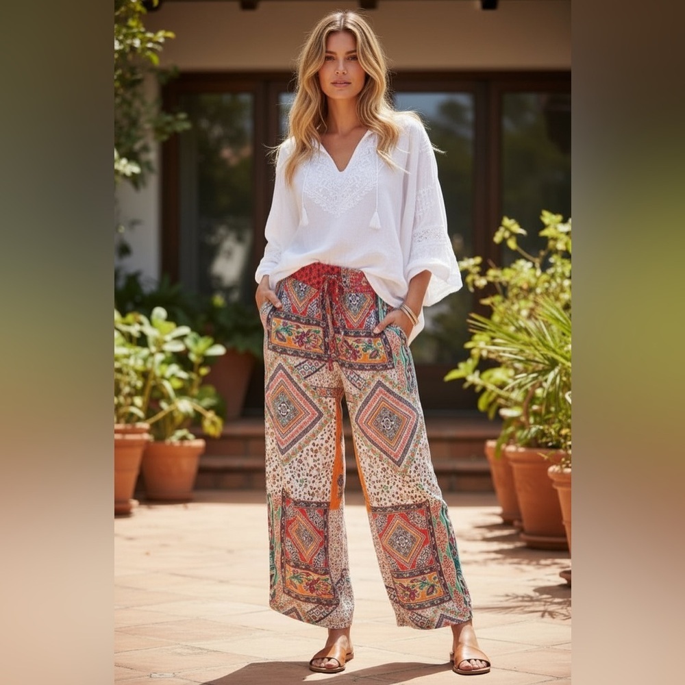 Tolani Vibrant Patterned Wide-Leg Pants